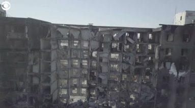 Drone footage shows destroyed houses after heavy fighting in Mariupol