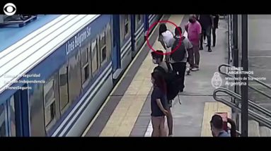 Argentina woman survives fainting and falling into oncoming train