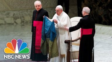 Pope Francis Holds Ukrainian Flag From ‘Martyred’ City Of Bucha