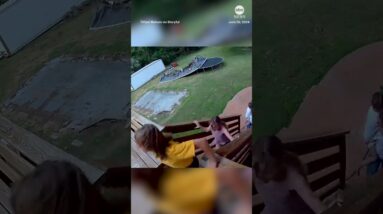 Pool narrowly misses kids as it flips over