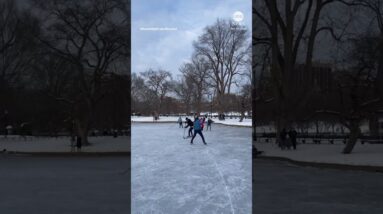 Frozen pond in Boston turned into hockey rink