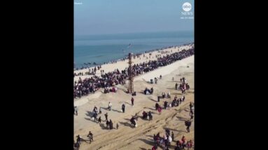 Drone footage shows thousands of displaced Palestinians heading back to northern Gaza #news #gaza