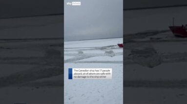 Cargo ship trapped in frozen lake