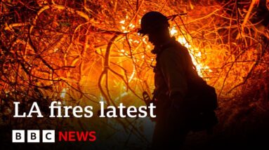 LA fires could 'take off' again, fire chief warns, with high winds expected | BBC News